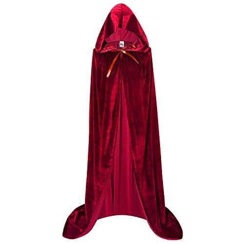 makroyl Unisex Hooded Cloak Long Velvet Cape for Halloween Christmas Cosplay Costume -Wine Red L-