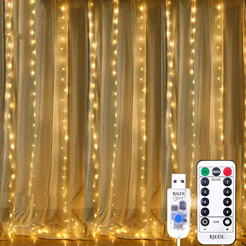 N-P Window Curtain String Lights  9-8x9-8 Ft 300 LED USB Powered Waterproof  8 Lighting Modes with IR Remote for Bedroom Wedding Party Home Wall Decor