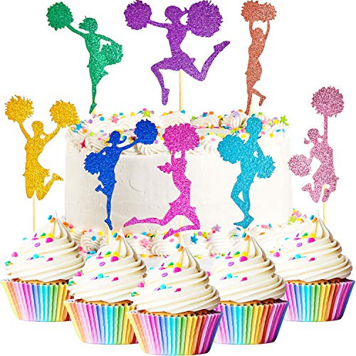 48 Pieces Glitter Cheerleading Gymnastics Cupcake Toppers Colorful Cheerleading Silhouette Cupcake Toppers Gymnast Girl Cake Picks for Birthday Party