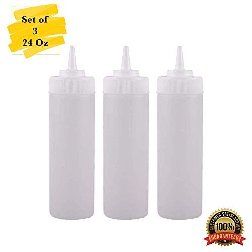 MM Foodservice Wide Mouth Squeeze Bottle Set of 3 Clear Bottles, 24 OZ Easy to Squeeze Condiment Bottles