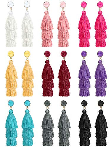 9 Pairs Colorful Layered Tassel Earrings Bohemian Fringe Earrings Vintage Dangle Drop Earrings for Christmas