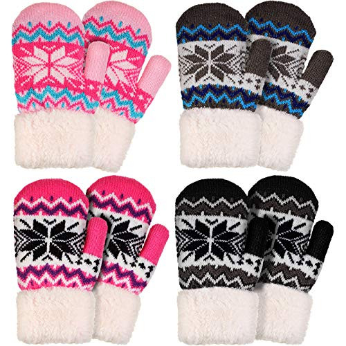 4 Pairs Kid Winter Fleece Lined Knit Mittens Full Finger Thicken Gloves Warm Snowflake Stretch Mittens Knit Gloves for Boys Girls