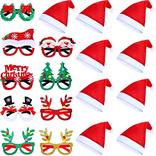 BBTO 18 Pieces Christmas Costume Decorations Christmas Glitter Glasses Christmas Eyeglasses Frame Non-Woven Santa Hat for Christmas Holiday Party Favo
