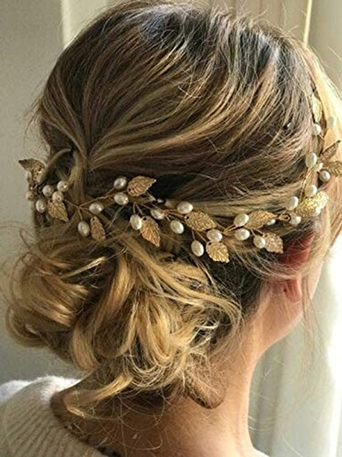 Jakawin Bride Wedding Leaf Hair Vine Accessories Pearl Hair Piece Bridal Headpiece for Women HV078
