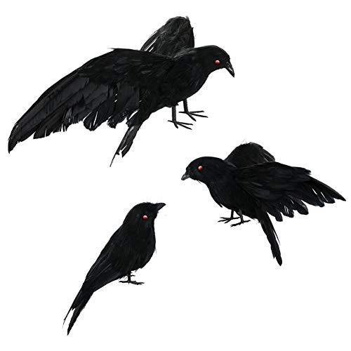 TRIEtree 3Pcs Halloween Realistic Handmade Crow Prop Black Feathered Crow with Red Eyes Fly and Stand Crows Ravens for Halloween Prop Crow Decoration