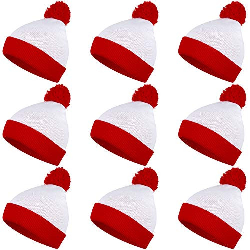 URATOT 9 Pack Costume Red White Pom Pom Beanie Hats Halloween Cuff Knit Hat