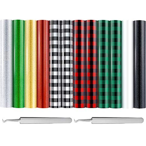 12 Pieces Christmas Heat Transfer Vinyl 12 x 10 Inch Buffalo Plaid Printed HTV Glitter Heat Transfer Vinyl Sheets White PU Iron-on Vinyl Bundle with 2