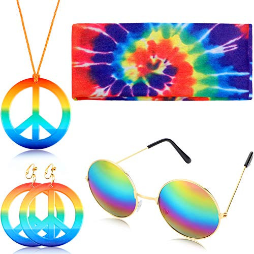 4 Pieces Hippie Peace Costume Set  Include Peace Sign Necklace Earring Rainbow Headband Round Hippie Sunglasses -Rainbow Pendant-