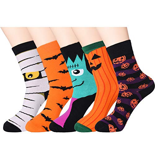 5 Pairs Halloween Socks Pumpkin Bat Print Socks Halloween Novelty Crew Socks for Costume Party Decoration