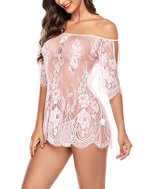 Avidlove Women Lingerie Lace Babydoll V Neck Sleepwear Strap Chemise-Pink Large-