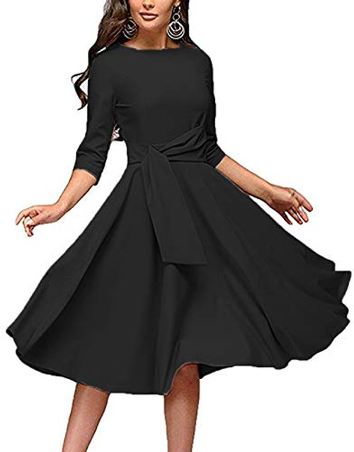 Womens Elegance Audrey Hepburn Style Ruched Dress Round Neck 3-4 Sleeve Sleeveless Swing Midi A-line Dresses with Pockets