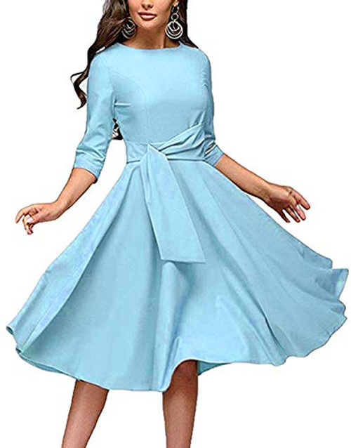 Womens Elegance Audrey Hepburn Style Ruched Dress Round Neck 3-4 Sleeve Sleeveless Swing Midi A-line Dresses with Pockets Sky Blue
