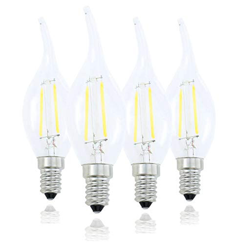 Lamsky E14 European Base LED Filament Candle Light Bulb,2W 6000K Daylight 200LM,C35 Bent Tip Flame Shape,20W Incandescent Equivalent,Non-dimmable,4 Pack