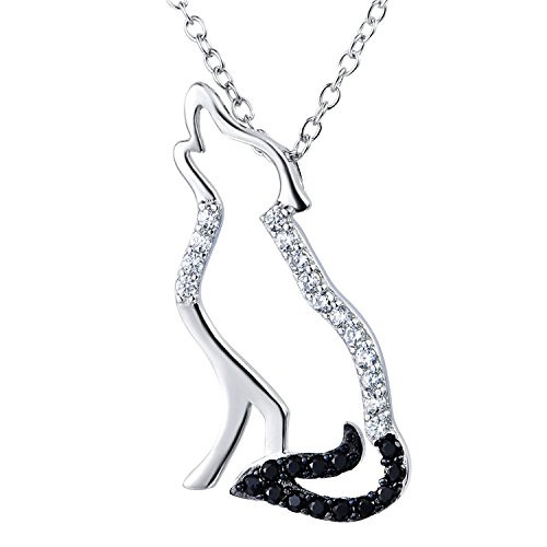 MultiLux Sterling Silver Necklace Two Tone Black and White Cubic Zirconia Wolf Pendant Necklace 18