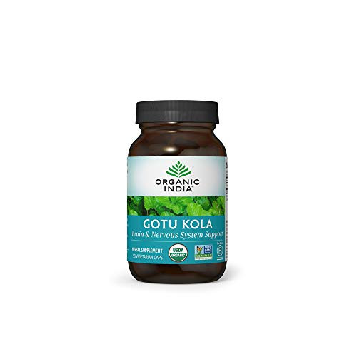 Organic India Gotu Kola Herbal Supplement - Adaptogen for Brain and Nervous System Support  Vegan  Gluten-Free  Kosher  USDA Certified Organic  Non-GMO