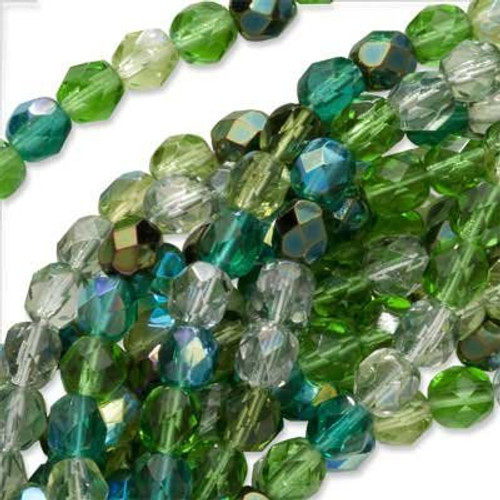 Czech Fire Polish Glass Beads 6mm Round Ever Green Mix -50-