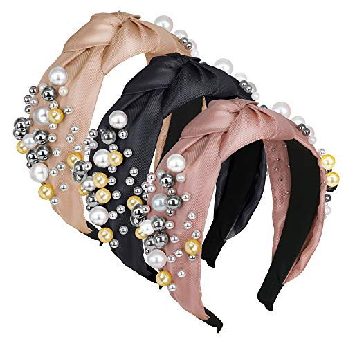 Wide Pearl Headbands Knotted Headbands for Women 3 Colors  Elastic Hair Hoops Knot Turban Headband  Bling Headbands Vintage  Fashion Hair Accessories