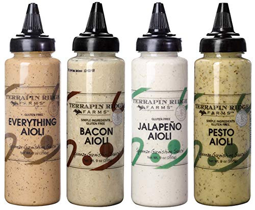 Aioli ONLY 4 Pack - Everything Aioli -9 oz- Bacon Aioli -9 oz- Jalapeño Aioli -9 oz- and Pesto Aioli -9 oz- Garnishing Squeezes Aioli ONLY 4 Pack - Everything Aioli -9 oz- Bacon Aioli -9 oz- Jalapeño Aioli -9 oz- and Pesto Aioli -9 oz- Garnishing Squeezes