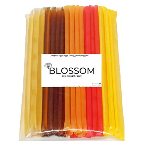 Flavored Honey Sticks Variety Pack - 5 Flavors With Essential Oils and Pure American Honey by Blossom Honey - 50 Pack