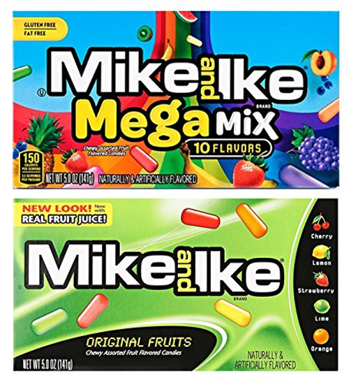 Set of 2 Mike and Ike Chewy Assorted Fruit Flavored Candies - Features Two Themes Including Original Fruit Flavors and Megamix Fruit Flavors - Gluten