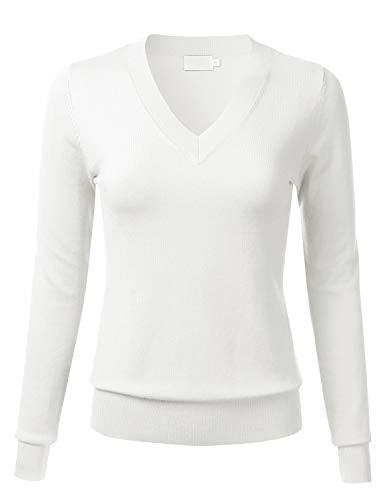 Womens Soft Basic Thick V-Neck Pullover Long Sleeve Knit Sweater Ivory XL