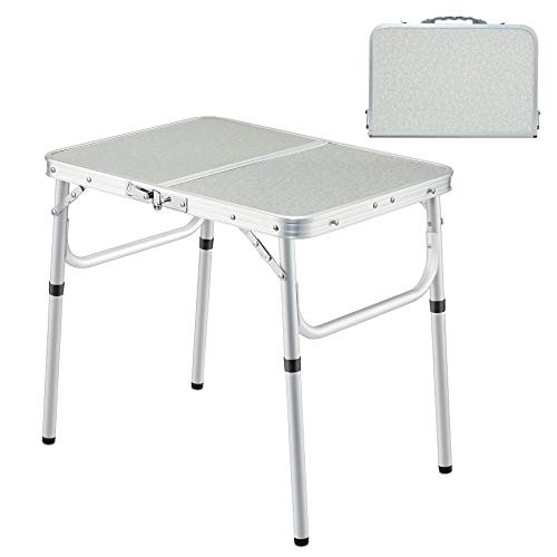 Domaker Small Folding Camping Table Portable Adjustable Height 2 Foot Lightweight Aluminum Folding Table for Outdoor Picnic White 24x16
