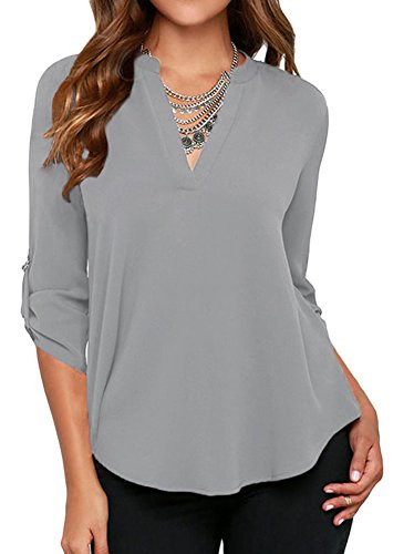roswear Womens Casual V Neck Cuffed Sleeves Solid Chiffon Blouse Top Grey M