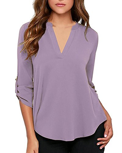 roswear Womens Casual V Neck Cuffed Sleeves Solid Chiffon Blouse Top Lavender M