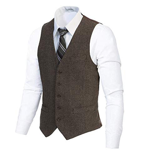 Gioberti Mens 5 Button Slim Fit Formal Herringbone Tweed Suit Vest  Light Brown Herringbone  Size X-Large