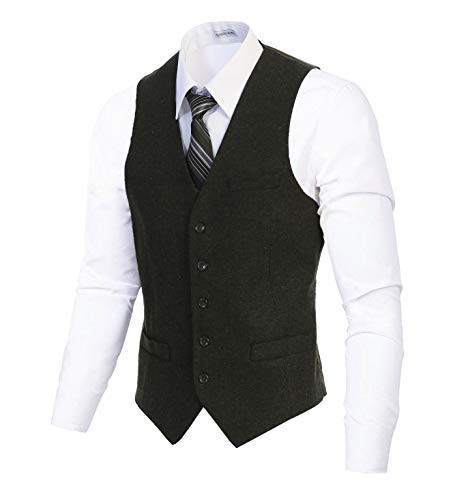 Gioberti Mens 5 Button Slim Fit Formal Herringbone Tweed Suit Vest  Herringbone Olive  Size X-Large