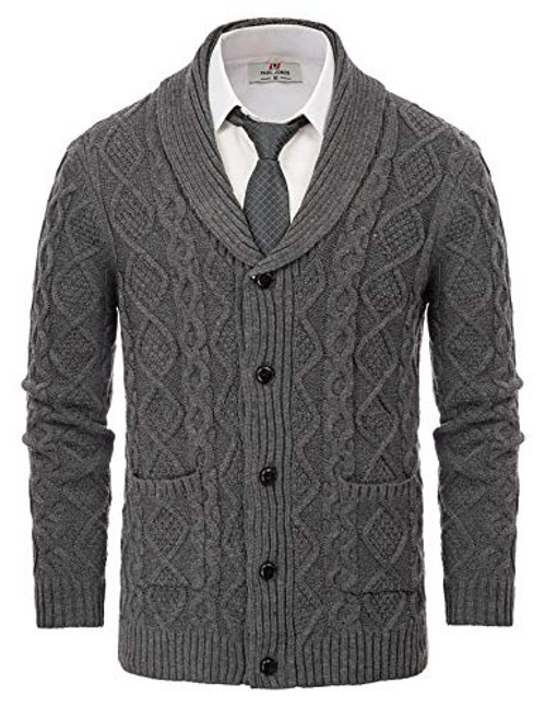 PJ PAUL JONES Mens Casual Shawl Collar Cardigan Sweaters Cable Knitted Sweater Dark Grey S