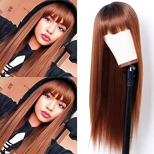 Freyja Hair Brown Long Straight Wig with Bangs Dark Roots Brown for Women Synthetic Heat Resistant Fiber 24 Inch Full Machine Made Wig Freyja Hair Brown Long Straight Wig with Bangs Dark Roots Brown for Women Synthetic Heat Resistant Fiber 24 Inch Full Machine Made Wig