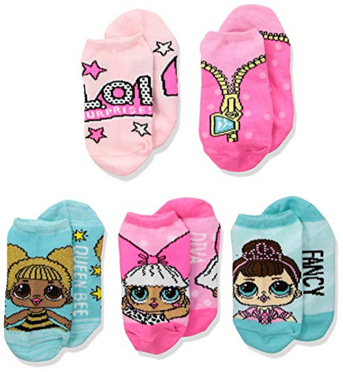 L-O-L- Surprise girls Lol Surprise 5 Pack No Show Socks  Blue Aqua-Hot Pink  Fits Sock Size 9-11 Fits Shoe Size 4-10-5 US