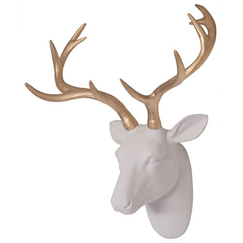 Deer Head Decor Wall Art Animal Head Art White Flocking Resin Deer Head With Gold Antlers Wall Decoration Size 16" x 12.5" x 7.5" By Smarten Arts