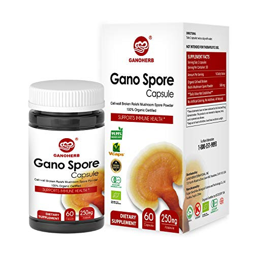 GANOHERB Organic Reishi Mushroom Spore Capsules with 100 Ganoderma Lucidum Spore Powder for Boost Immune System Vegan All Natural Non-GMO and Gluten Fr GANOHERB Organic Reishi Mushroom Spore Capsules with 100 Ganoderma Lucidum Spore Powder for Boost Immune System Vegan All Natural Non-GMO and Gluten Fr