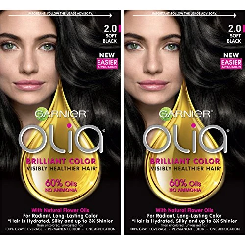 Garnier Olia Ammonia-Free Brilliant Color Oil-Rich Permanent Hair Color  2-0 Soft Black -Pack of 2- Black Hair Dye