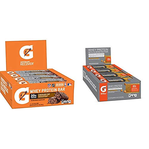 Gatorade Whey Protein Recover Bars  Chocolate Chip  2-8 ounce bars -12 Count- and Whey Protein With Almond Butter Bars  Salted Caramel  12 Count