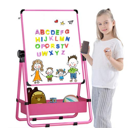 Adjustable Double-Sided Kids' Art Easel Standing Easel, Chalk Board, Easel for Toddler with Bonus Magnetic Letters, Numbers and Accessories (Pink)