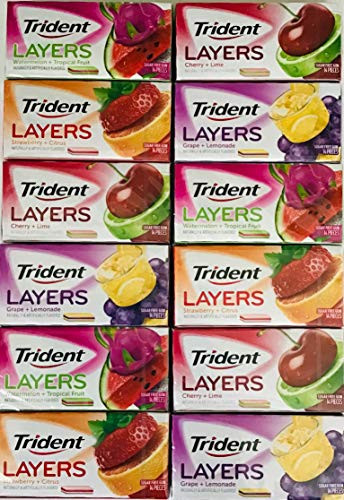 Trident Layers Sugar Free Gum Variety 3 Packs of Each Flavor Grape-Lemonade Strawberry-Citrus Cherry-Lime and Watermelon-Tropical -Total 12 Packs-