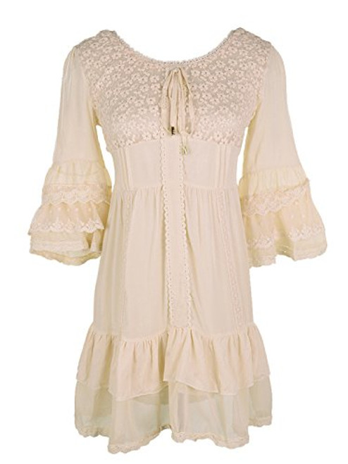 Anna-Kaci Womens Boho Peasant Floral Lace Ruffle Hem Bell Sleeve Mini Dress  Beige  X-Large