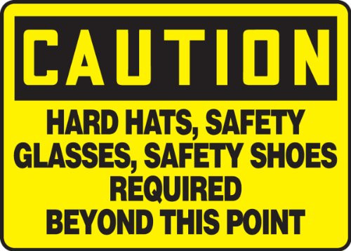 Accuform MPPE441VA Aluminum Safety Sign  LegendCaution Hard Hats  Safety Glasses  Safety Shoes Required Beyond This Point  7 Length x 10 Width  Bl