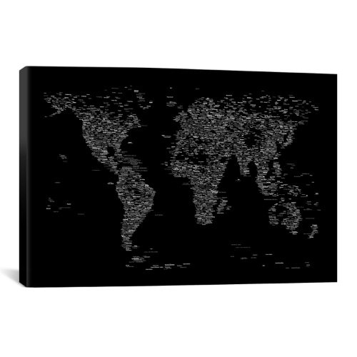 iCanvasART Font World Map 'Black' Canvas Art Print by Michael Thompsett, 18 by 12-Inch