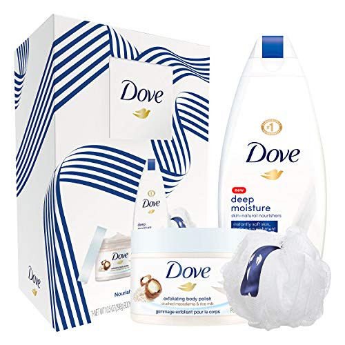 Dove Gift Set Deep Moisture Body Wash 12oz and Crushed Macadamia and Rice Milk Scrub 10-5oz 2 Count