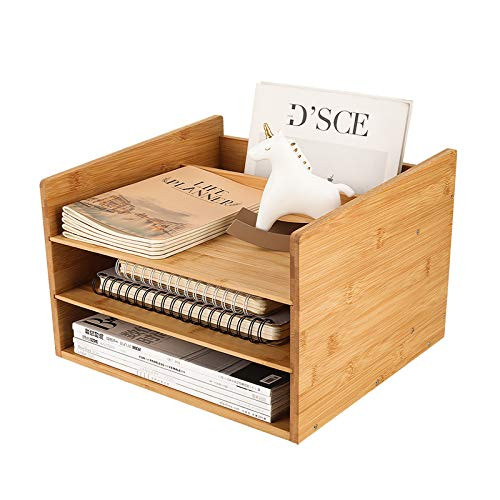 EasyPAG Natural Bamboo Desk File Organizer Letter Tray Holder Desktop File Folder Holder with 3 Paper Trays and 1 Vertical Upright Section