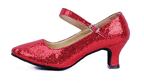 Womens Glitter Latin Ballroom Dance Shoes Pointed-Toe Y Strap Dancing Heels-8  Red-