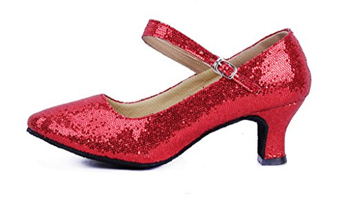 Womens Glitter Latin Ballroom Dance Shoes Pointed-Toe Y Strap Dancing Heels-6-5  Red-