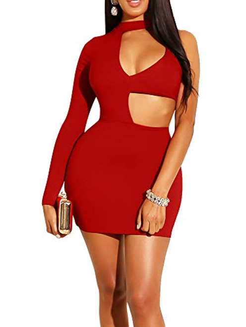 GOBLES Womens Sexy Bodycon Cut Out Long Sleeve Mini Club Cocktail Dress Red GOBLES Womens Sexy Bodycon Cut Out Long Sleeve Mini Club Cocktail Dress Red