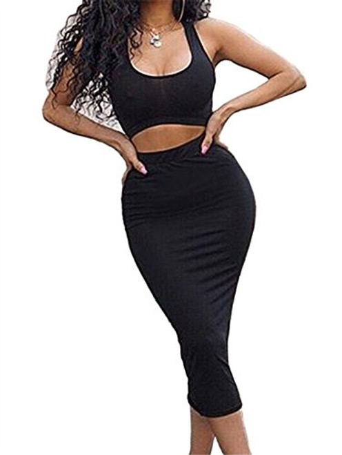 GOBLES Womens Sexy Summer Outfits Bodycon Tank Top Midi Skirt 2 Piece Dress Black