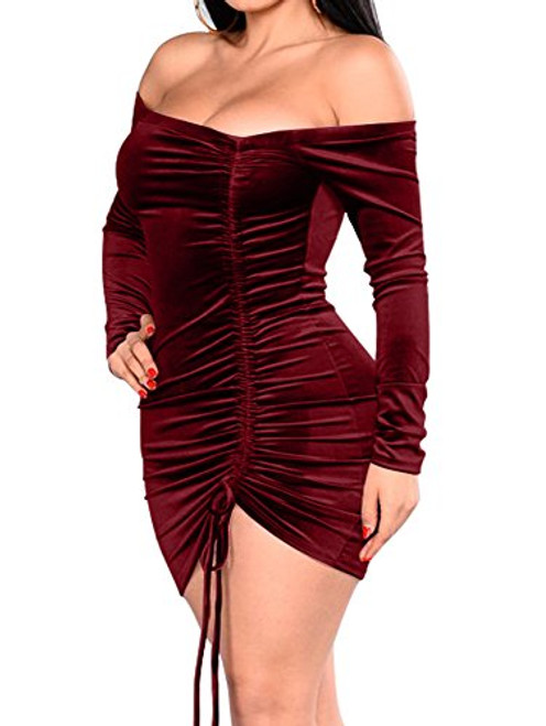 GOBLES Womens Velvet Bodycon Ruched Sexy Off Shoulder Bodycon Mini Club Dress Wine Red