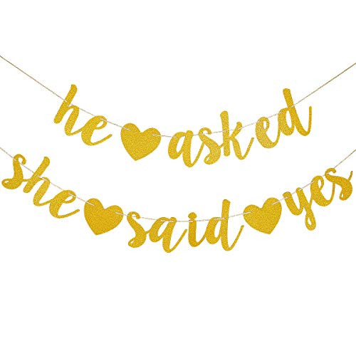 Gold Glitter He Asked She Said Yes Banner - Engagement Wedding Bachelorette Bridal Shower Party Decorations Supplies